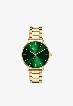 Gouden polshorloge met een ronde kast en een groene gradient wijzerplaat. Heeft gouden uurmarkeringen en een roestvrijstalen armband.