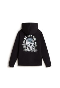 Sudadera negra con capucha que presenta un estampado gráfico de una calavera con un diseño azul, texto "VANS OFF THE WALL" y acentos de tablero de ajedrez en la parte inferior.