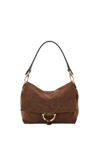 Brown suede handbag with a curved shape, a gold-tone metal accent, and a single shoulder strap. Features a knotted detail at the front.