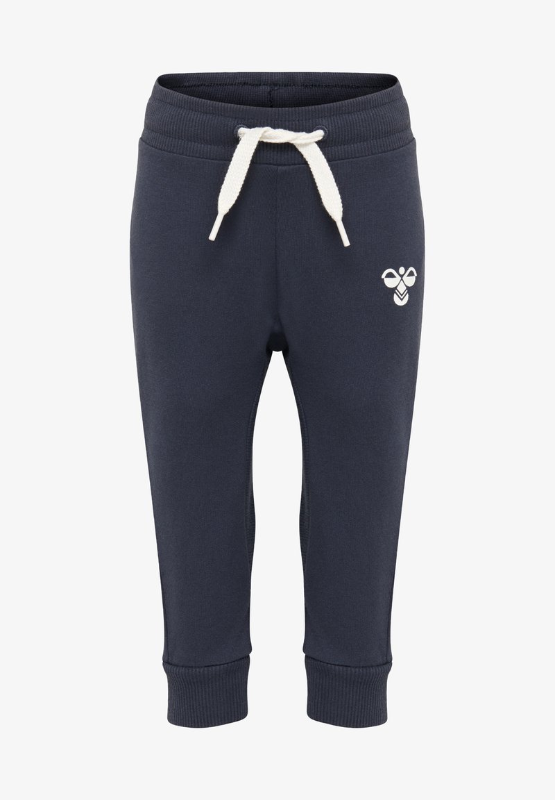 Navy blauwe sweatpants met geribde boorden, een witte trekkoord en een klein logo op de linkerheup. Gemaakt van zacht materiaal voor comfort.