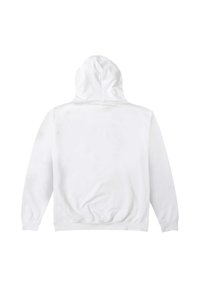 Sudadera blanca con capucha, de textura suave, mangas largas, capucha amplia y cintura elástica. Sin logotipos ni patrones visibles.