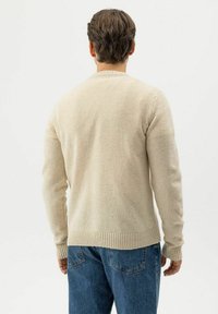 Beige gestrickter Pullover mit Rundhalsausschnitt und geripptem Saum, ausgestattet mit langen Ärmeln. Getragen mit blauen Jeans, von hinten gesehen.
