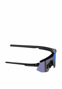 Gafas de sol deportivas negras con lentes envolventes Mirrored azules y brazos rectos, con el logotipo "Bliz" en el lateral del marco.