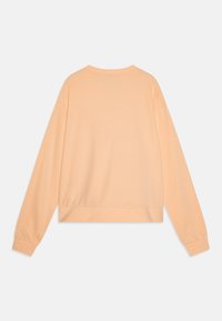 Peach színű, hosszú ujjú pulóver, kerek nyakkivágással, bordázott mandzsettákkal és enyhén rövidített aljjal. Sima vászon anyag, minta nélkül.