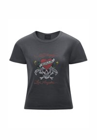 Dark grey cotton t-shirt with short sleeves featuring a colorful skull graphic, heart, and the text "Love Kills" and "Los Angeles."