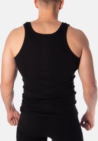Black cotton tank top with a fitted design, featuring a rounded neckline and broad straps, showcasing a smooth texture and minimalist style.