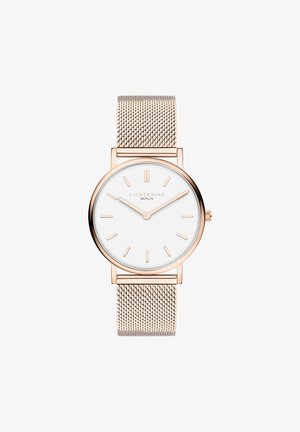 Rund ur med hvid urskive, rosaguldfarvede detaljer og en metal mesh-rem. Minimalistisk design med tynde timemarkeringer og visere.