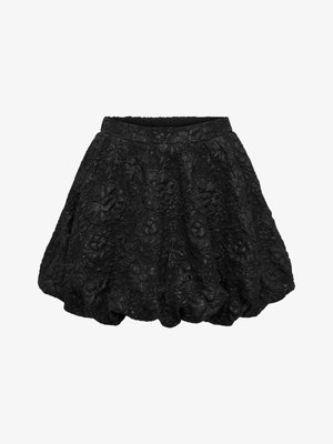 Černá sukně s texturovaným květinovým krajkovým vzorem, stahovaná v pase elastickou páskou, má zaoblený střih.