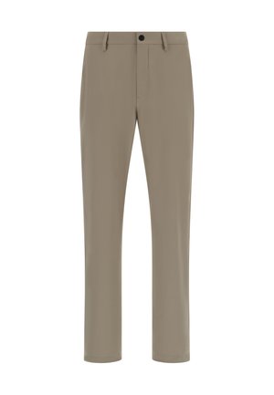 Beige Hose mit geradem Schnitt, aus glattem Stoff gefertigt. Verfügt über zwei Vorderaschen, einen sichtbaren Bund und einen einzelnen schwarzen Knopfverschluss.