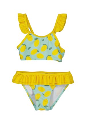 Set bikini giallo e azzurro chiaro con stampa di limoni, spalline arricciate sul top e vita arricciata sul fondo.