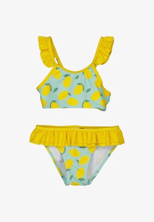 Ensemble bikini jaune et bleu clair avec imprimé citron, bretelles à volants sur le haut, et ceinture à volants sur le bas.