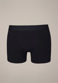 Czarne bokserki wykonane z gładkiej tkaniny, z szerokim elastycznym pasem z wytłoczonym logo marki oraz profilowanym przednim panelem.