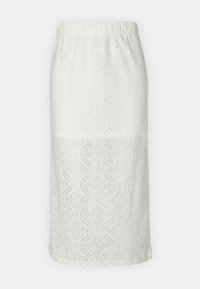 Hvit blondekjole med et teksturert mønster med sirkulære design, elastisk midje og en midtlengde som flyter jevnt.