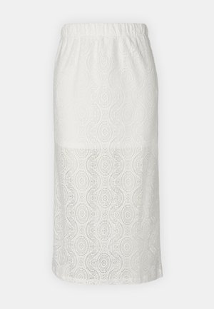 Jupe en dentelle blanche avec un motif texturé aux designs circulaires, taille élastique et coupe mi-longue qui tombe doucement.