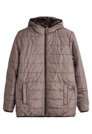 Lysebrun quiltet hættejakke med frontlynlås og sidelommer, designet til koldt vejr.