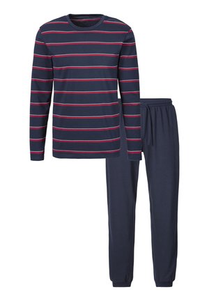 Herren navyblaues Langarmshirt mit roten und weißen horizontalen Streifen, kombiniert mit einfarbigen navyblauen Jogginghosen mit elastischem Bund.