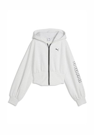 Hvid cropped hættetrøje med frontlynlås, hætte, elastiske manchetter, Puma-logo på brystet og Puma-tekst på højre ærme.