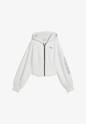 Biała krótka bluza z kapturem z zamkiem błyskawicznym z przodu, kapturem, elastycznymi mankietami, logo Puma na piersi oraz napisem Puma na prawym rękawie.