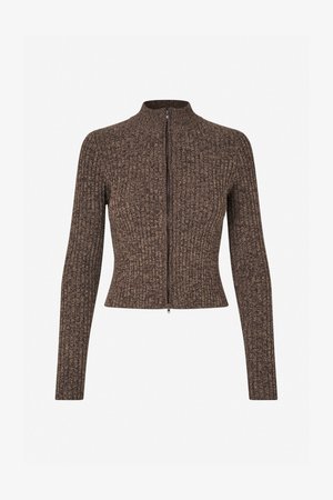 Bordázott, sötétbarna zipzáras pulóver magas nyakkal és hosszú ujjakkal. Az anyag texturált hatású, testhez simuló sziluett, elöl cipzáras részlettel.