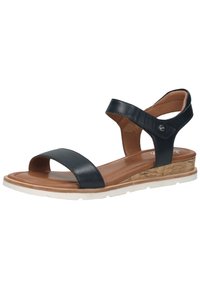 Černé kožené sandály s ankle pásky, otevřenou špičkou, korkovým podpatkem a gumovou podešví s bílým lemem.