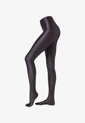 Schwarze, glänzende Leggings mit glattem Material und eng anliegendem Schnitt, die einen hohen Bund und nahtlose Verarbeitung aufweisen.