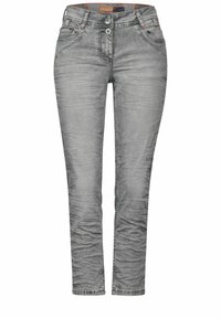 Jeans in denim grigio con vestibilità slim, due tasche anteriori e chiusura a bottone. Superficie texture con leggera scoloritura e design a gamba dritta.