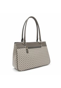 Grau- und cremefarbener Handtasche mit Muster, aus synthetischem Material, verfügt über zwei Griffe, eine Reißverschlusstasche und eine strukturierte Form.