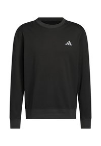 Black sweatshirt made of soft material, featuring a crew neck, long sleeves, and a small gray triangular logo on the left chest.