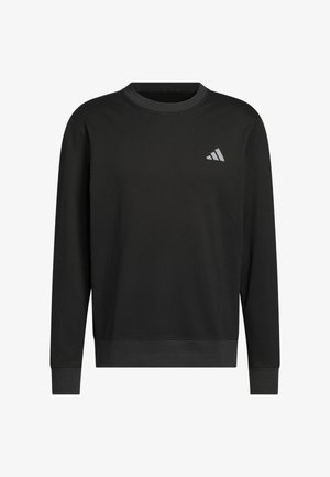 Sweatshirt noir en matière douce, avec un col rond, des manches longues, et un petit logo triangulaire gris sur le côté gauche de la poitrine.