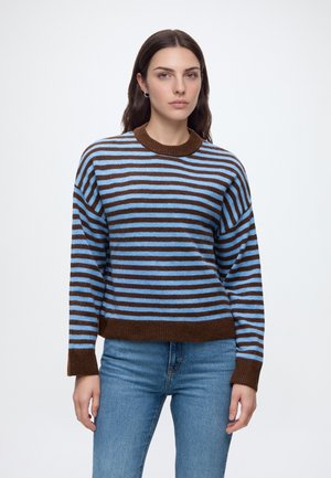 Femme aux longs cheveux foncés portant un pull à rayures marron et bleu clair et un jean bleu sur un fond blanc uni.