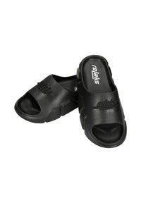 Black slide sandals made of rubber, featuring an open toe, textured outsole, and logo detail on the upper. Lightweight and easy to wear.