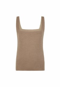 Beżowy dziergany top na ramiączkach z kwadratowym dekoltem i szerokimi ramionami. Gładka faktura, dopasowany krój, bez widocznych wzorów ani ozdób.