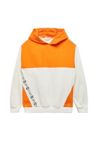 Hætte Sweatshirt med orange og hvide farveblokke, en tekstureret overflade og trykte detaljer på siden. Fremstillet af blødt bomuldsmateriale.