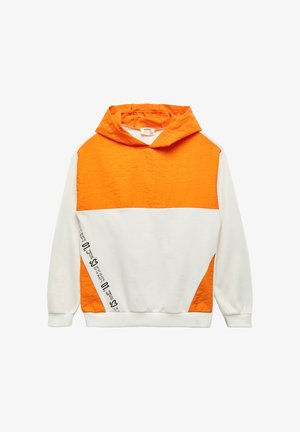 Sweat à capuche avec des blocs de couleurs orange et blanc, une finition texturée et des détails imprimés sur les côtés. Fabriqué en matériau en coton doux.