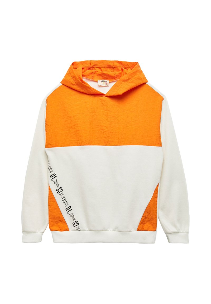 Hætte Sweatshirt med orange og hvide farveblokke, en tekstureret overflade og trykte detaljer på siden. Fremstillet af blødt bomuldsmateriale.