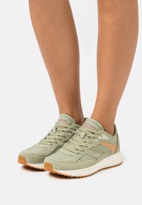 Jasnozielone buty sportowe wykonane z zamszowych i siateczkowych materiałów, z fakturowanymi sznurowadłami oraz podeszwą gumową. Posiadają brązowy akcent po boku.