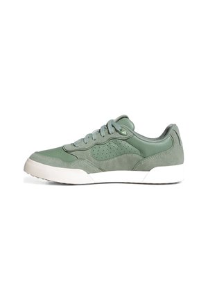 Green suede sneaker with a smooth texture, perforated detailing on the sides, gray laces, and a white rubber sole.