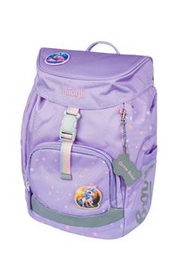 Zaino in tessuto viola con pois multicolore, adesivo di un pony, etichetta "Grow Bold" e dettagli grigi. Presenta spallacci regolabili e maniglia superiore.