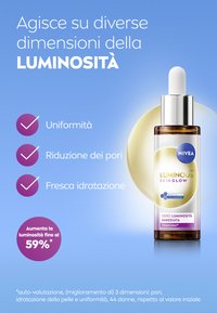 Siero NIVEA Luminous Skin Glow in una bottiglia di vetro trasparente con un contagocce argentato. L'etichetta presenta uno sfondo blu con accenti viola e testo.