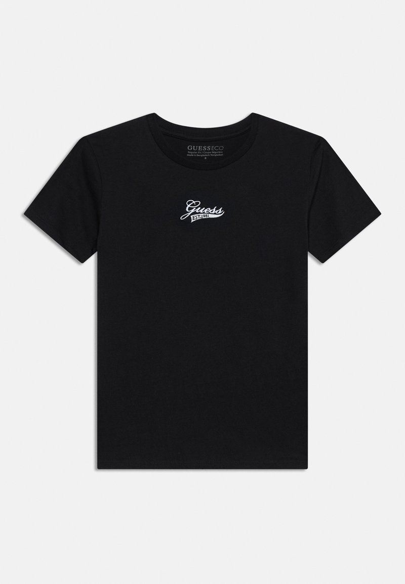 Μαύρο κοντομάνικο T-shirt με στρογγυλή λαιμόκοψη και λευκό λογότυπο "Guess EST. 1981" στο κέντρο του στήθους.