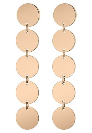 Long gold-tone earrings with five flat, linked circular discs hanging vertically in each earring.