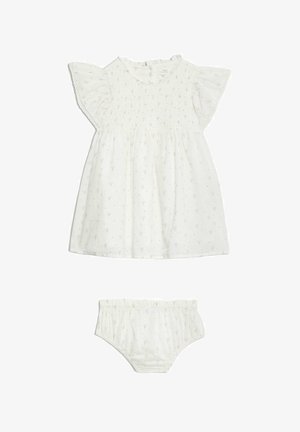 Conjunto de vestido blanco con mangas acampanadas, corsé fruncido y estampado floral, acompañado de braguitas a juego. Acabado en suave tela de algodón.
