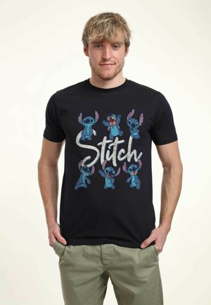 Black T-shirt featuring colorful Stitch character graphics, with varied poses and the word "Stitch" in a stylized font. Cotton material.