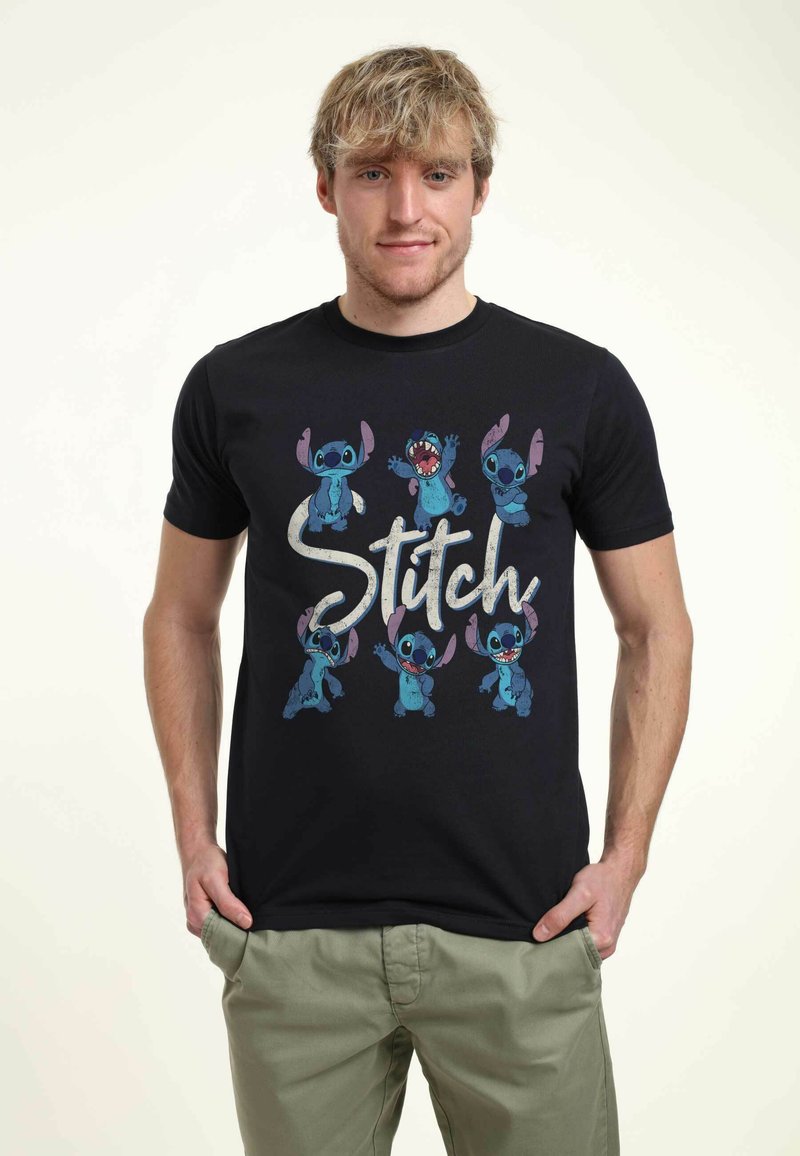 Black T-shirt featuring colorful Stitch character graphics, with varied poses and the word "Stitch" in a stylized font. Cotton material.