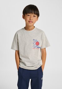 Lichtgrijs katoenen T-shirt met een blauw en rood basketbalmotief en de tekst "SHARE THE GAME" op de voorkant, losse pasvorm, korte mouwen.