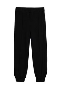 Svarta byxor med elastisk midja, smal fot och veck. Tillverkade av ett mjukt tyg med uppvikta anklar för en figurnära look.