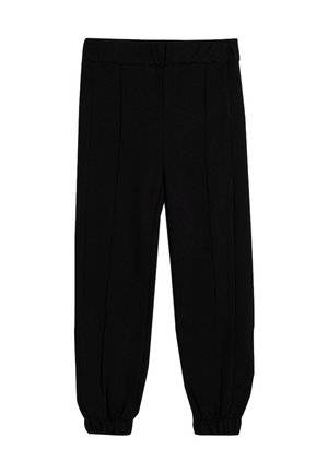 Schwarze Hosen mit elastischem Bund, verjüngtem Bein und Falten. Hergestellt aus einem glatten Stoff mit hochgekrempelten Knöcheln für ein figurnahes Aussehen.