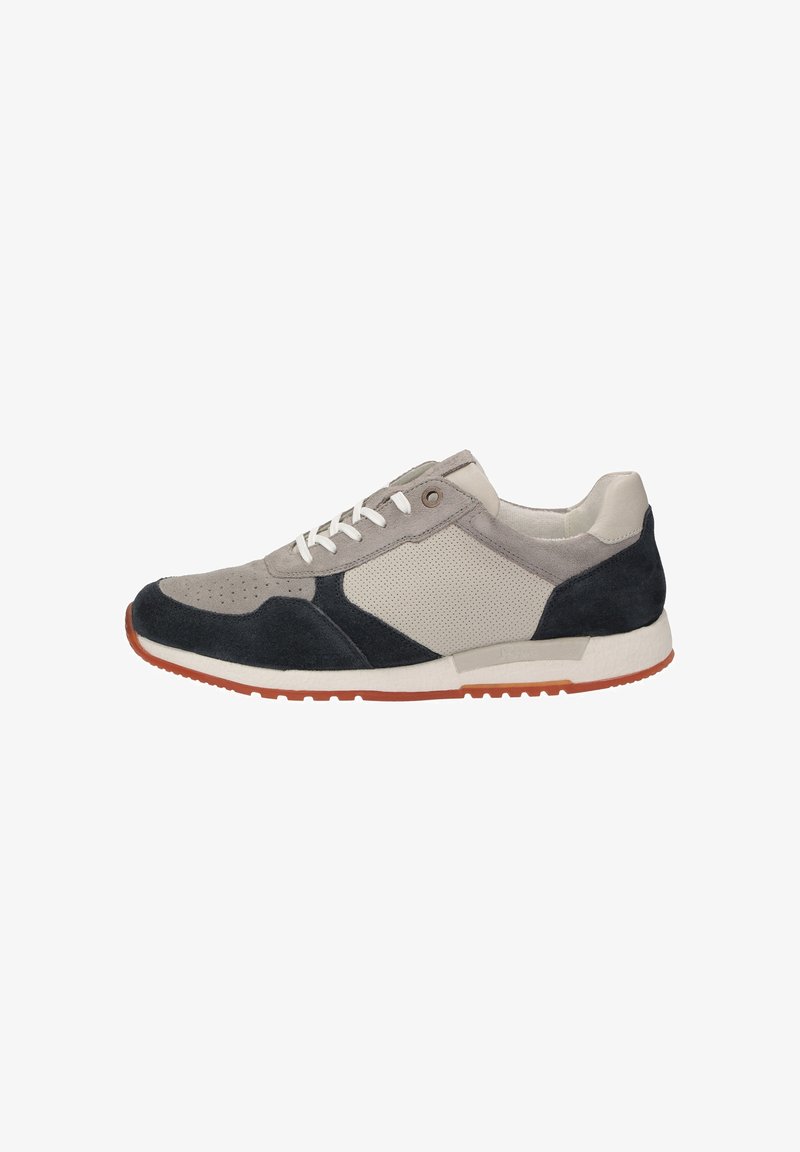 Casual sneaker with gray, black, and beige suede and mesh panels, white laces, and a white sole with a brown tread.