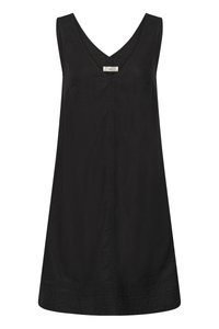 Robe noire sans manches avec col en V et ourlet droit, présentant des détails subtils de coutures verticales à l'avant.