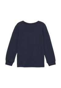 Navyblauw langemouwshirt van zacht katoen. Heeft een ronde hals, ribgebreide manchetten en een eenvoudig, effen ontwerp zonder patronen.